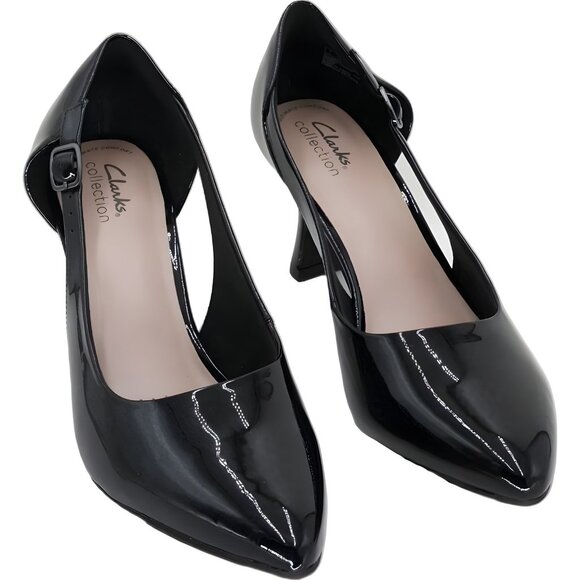 Clarks Kataleyna Rae Black Patent Side-Cut Pumps Strap Heels Women's US 9.5M - Picture 1 of 6
